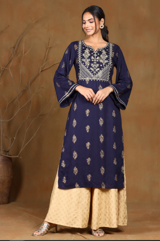 Women's Navyblue Rayon Embroidered Straight Kurta - Juniper