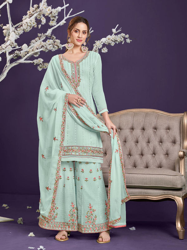 Women's Sea Green Color Georgette Base Party Wear Suit - Odette