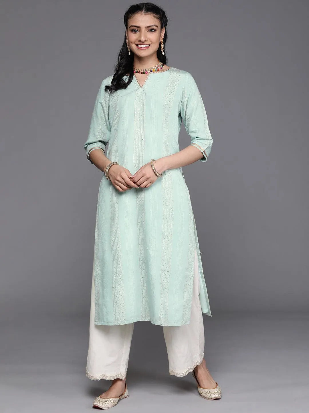 Sea Green Embellished Chanderi Silk Kurta - Jashvi