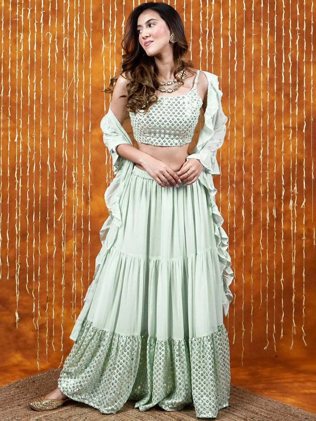 Sea Green Embellished Georgette Lehenga - Jashvi