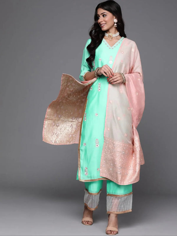 Sea Green Embroidered Chanderi Silk Suit Set - Jashvi