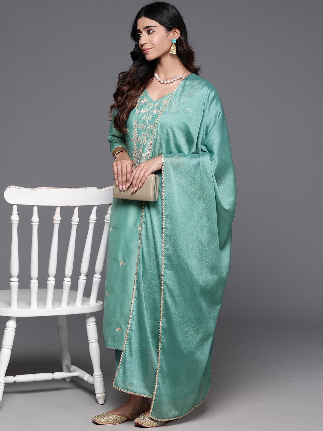 Sea Green Embroidered Chanderi Silk Straight Kurta With Trousers & Dupatta - Jashvi