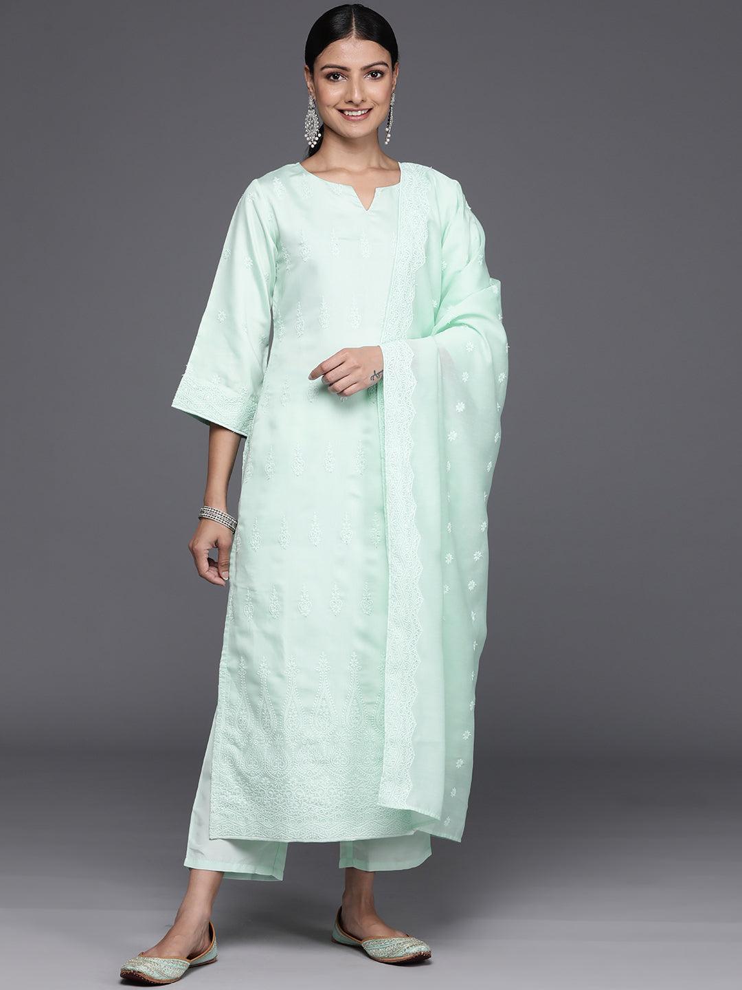 Sea Green Embroidered Chanderi Silk Straight Kurta With Trousers & Dupatta - Jashvi