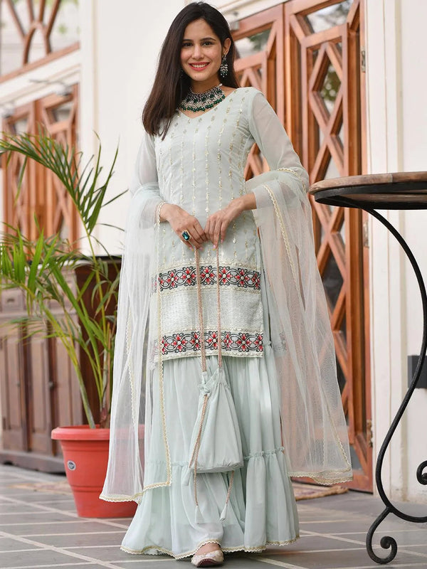 Sea Green Embroidered Georgette Kurta Set - Jashvi