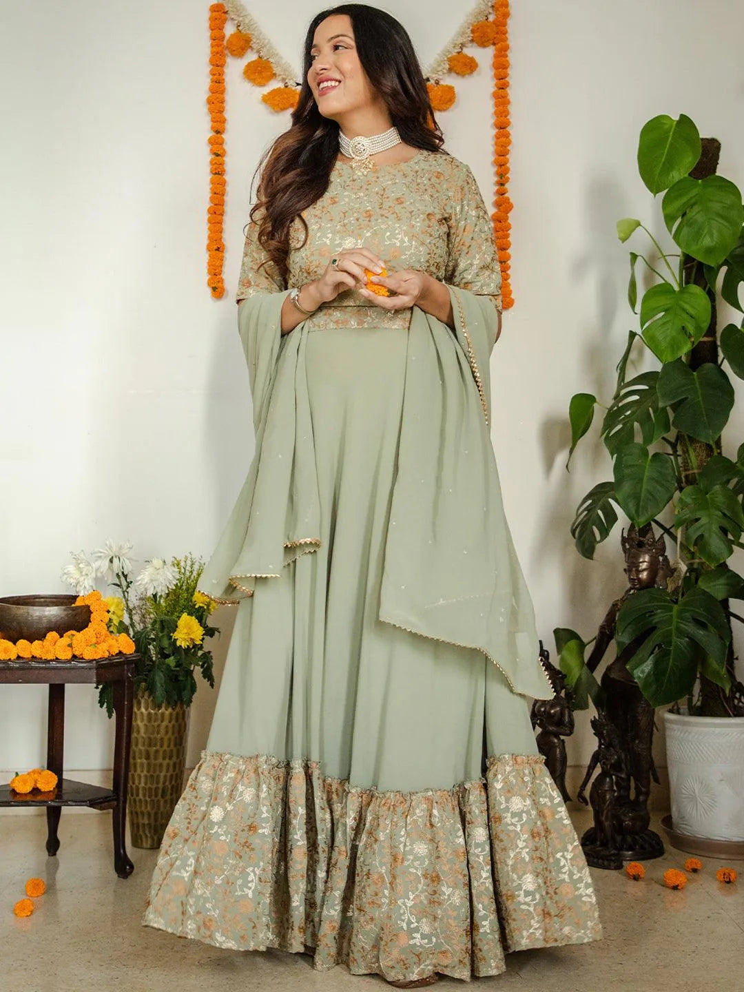 Sea Green Embroidered Georgette Lehenga Choli - Jashvi