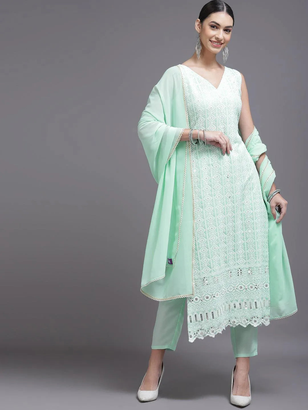 Sea Green Embroidered Georgette Suit Set - Jashvi