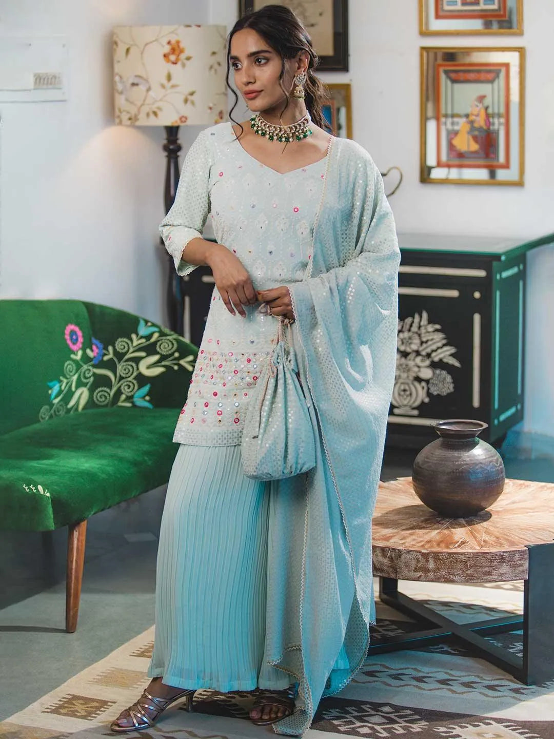 Sea Green Embroidered Georgette Kurta Set - Jashvi