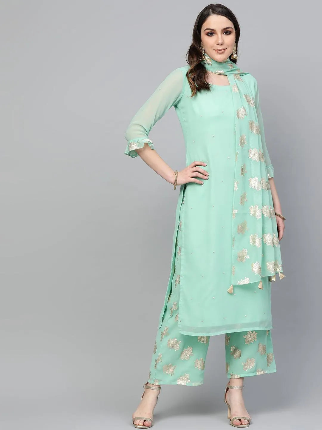 Sea Green Embroidered Georgette Suit Set - Jashvi