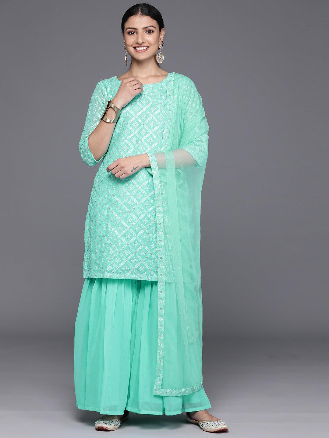 Sea Green Embroidered Georgette Straight Kurta With Sharara & Dupatta - Jashvi