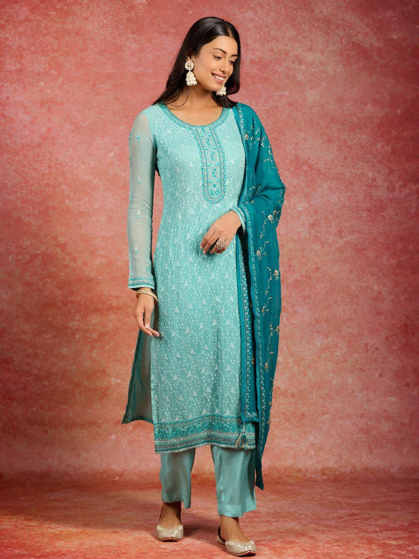 Sea Green Embroidered Georgette Straight Kurta With Trousers & Dupatta - Jashvi