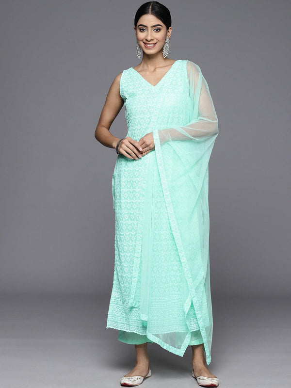 Sea Green Embroidered Georgette Straight Kurta With Trousers & Dupatta - Jashvi