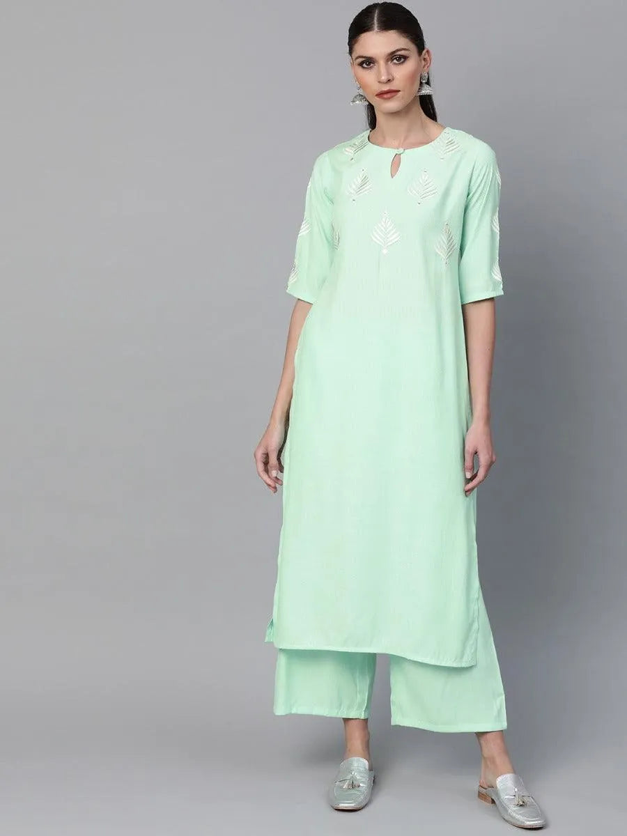 Sea Green Embroidered Rayon Kurta Set - Jashvi