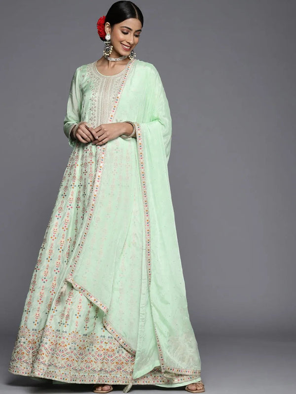 Sea Green Embroidered Silk Anarkali Suit Set - Jashvi