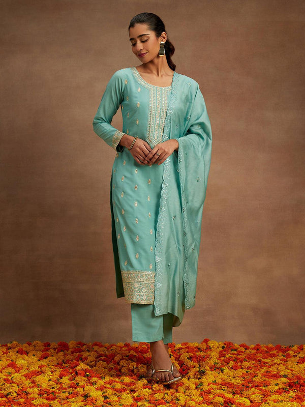 Sea Green Embroidered Silk Straight Kurta With Trousers & Dupatta - Jashvi