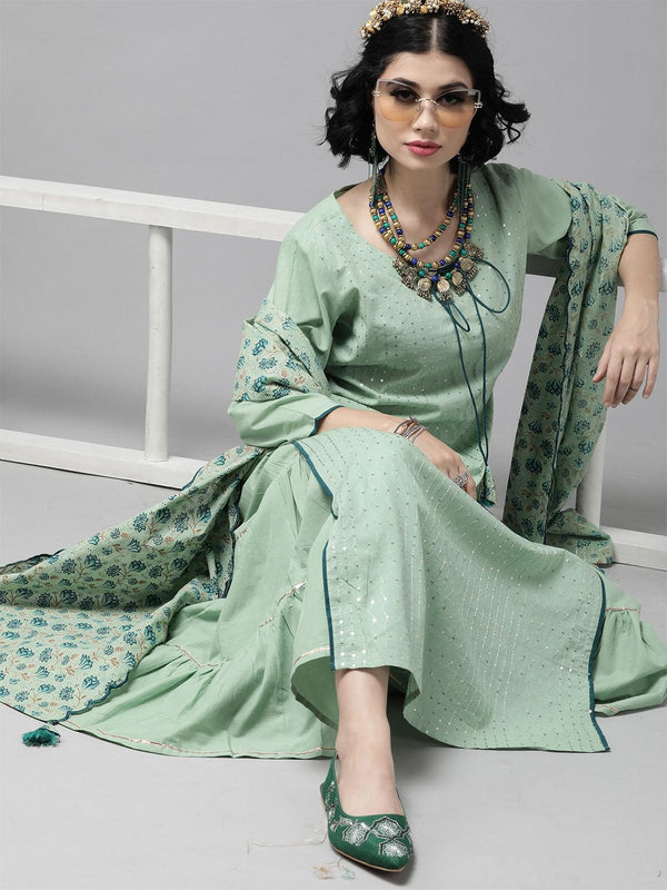 Women's Sea Green Embroidered Straight Kurta Sharara With Dupatta Set - Odette