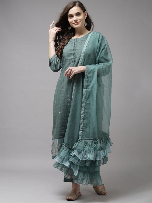 Women's Sea Green Embroidered Straight Kurta Trouser With Dupatta Set - Odette