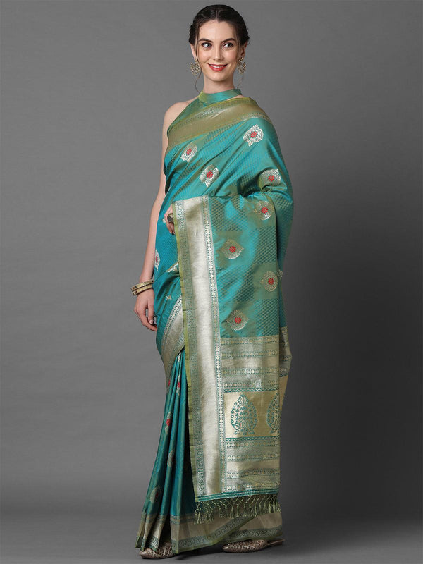 Women's Sea Green Festive Silk Blend Woven Design Saree With Unstitched Blouse - Odette