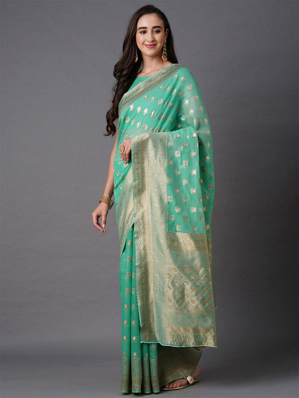 Women's Sea Green Festive Silk Blend Woven Design Saree With Unstitched Blouse - Odette