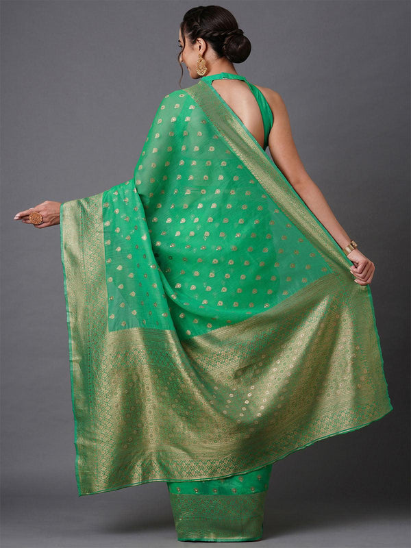 Women's Sea Green Festive Silk Blend Woven Design Saree With Unstitched Blouse - Odette