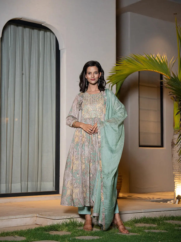 Sea Green Floral Print Malmal Fit And Flare Suit Set-Indiakreations-JS6964SKDSGS