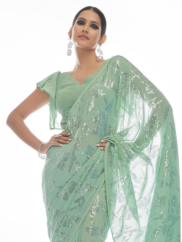 Women's Sea Green Georgette Sequin Saree - Odette