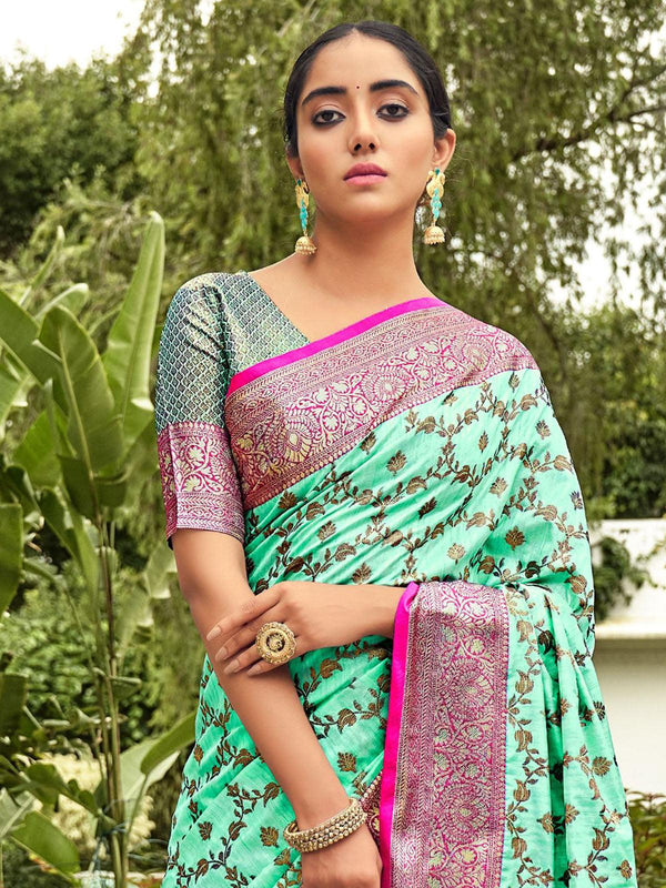 Women's Sea Green Heavy Woven Banarasi Silk Saree - Odette