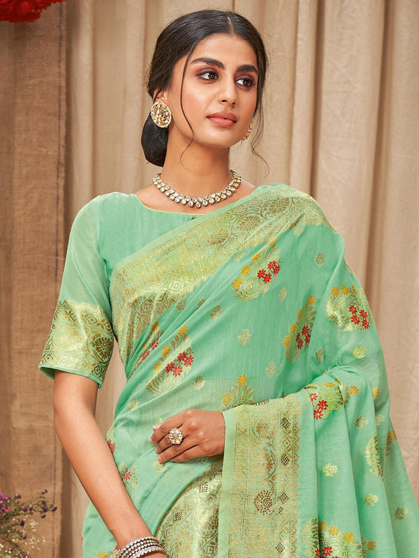 Women's Sea Green Heavy Zari Woven Cotton Saree - Odette