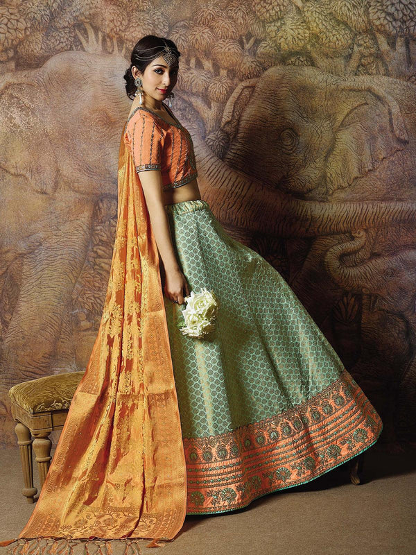 Women's Sea Green Jacquard Weaved Silk Designer Lehenga Choli - Odette