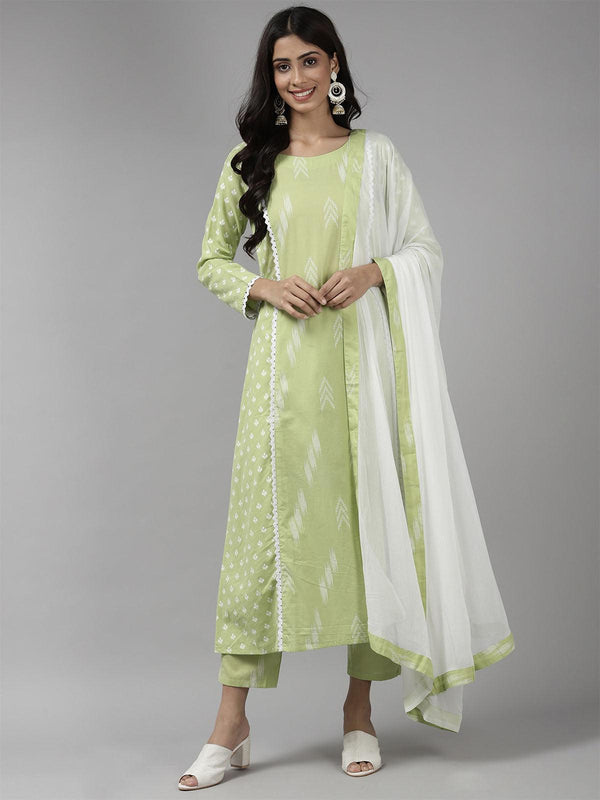 Women's Sea Green Printed A-Line Kurta Trouser With Dupatta Set - Odette