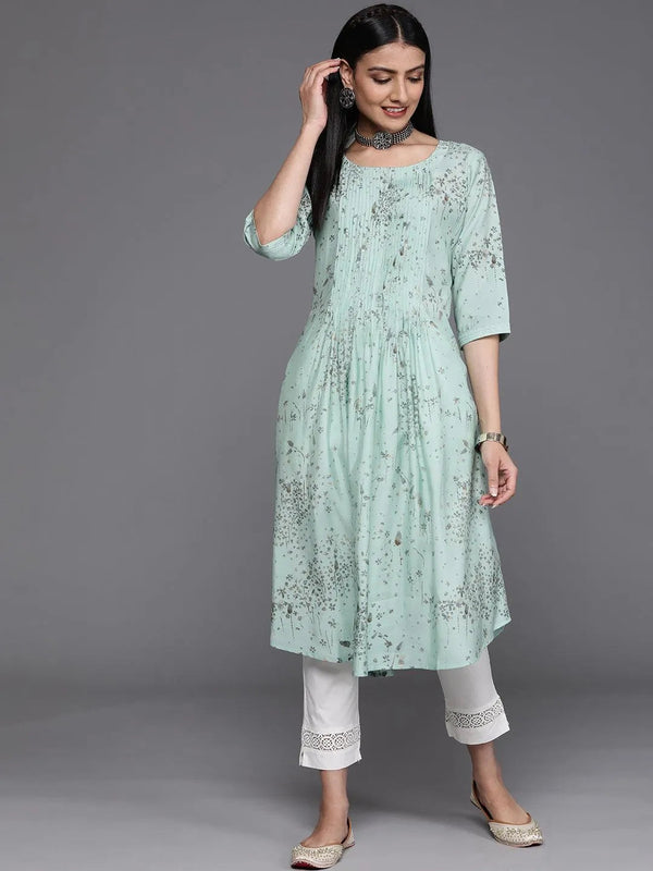 Sea Green Printed Chanderi Silk Kurta - Jashvi