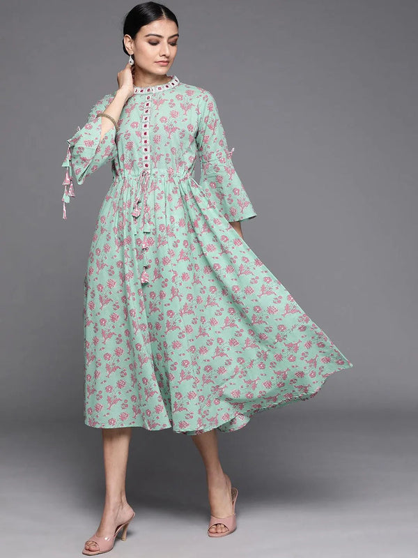 Sea Green Printed Cotton Dress - Jashvi