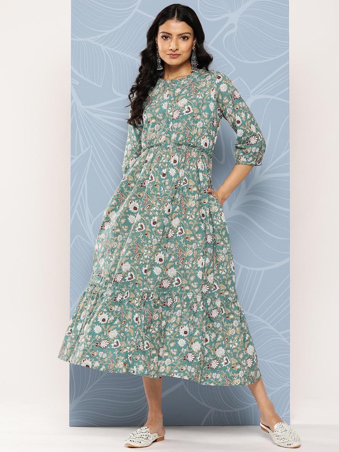 Sea Green Printed Cotton Fit and Flare Dress - Jashvi