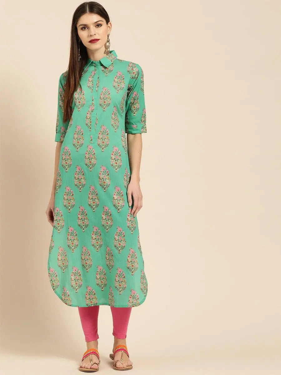 Sea Green Printed Cotton Kurta - Jashvi