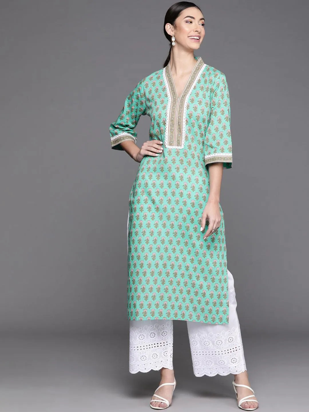 Sea Green Printed Cotton Kurta - Jashvi