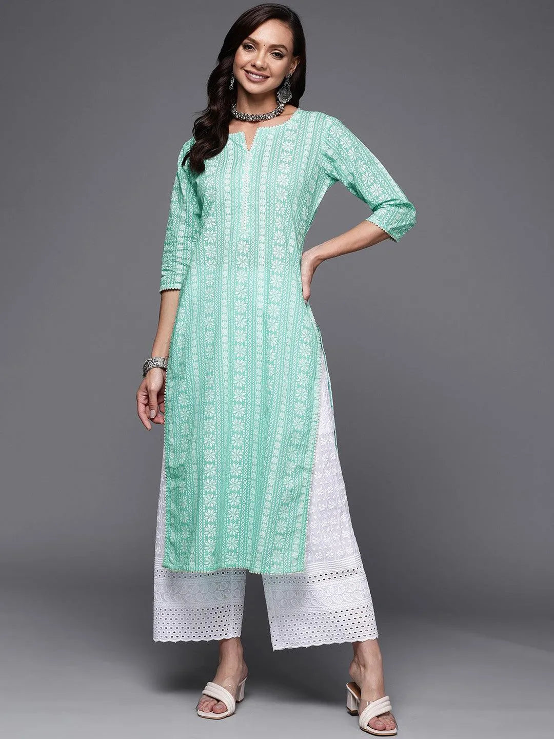 Sea Green Printed Cotton Straight Kurta - Jashvi