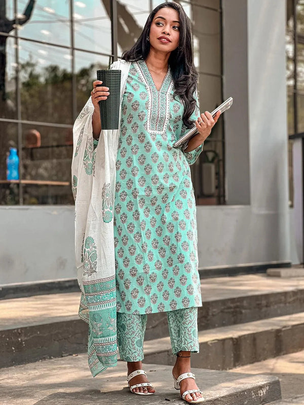 Sea Green Printed Cotton Suit Set - Jashvi