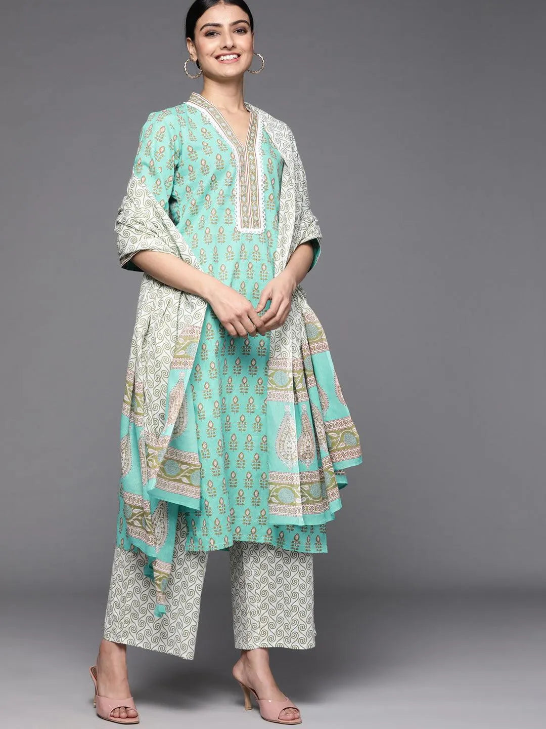 Sea Green Printed Cotton Suit Set - Jashvi