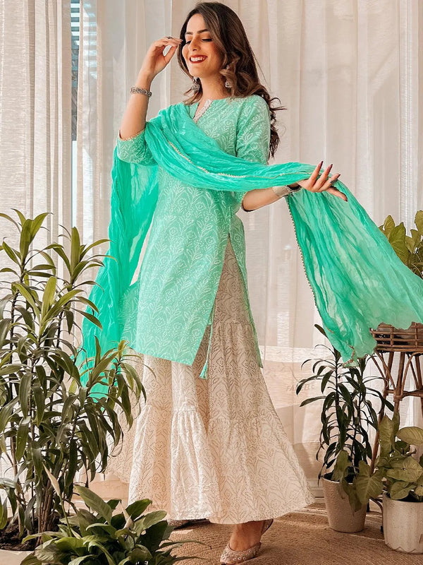 Sea Green Printed Cotton Suit Set - Jashvi