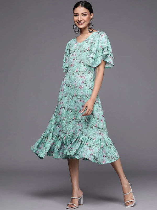 Sea Green Printed Georgette Flared Dress - Jashvi