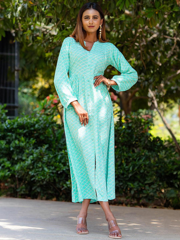 Sea Green Printed Rayon Fit and Flare Dress - Jashvi