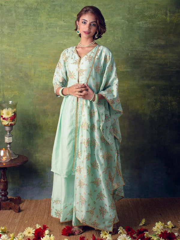 Sea Green Printed Silk Blend Suit Set - Jashvi