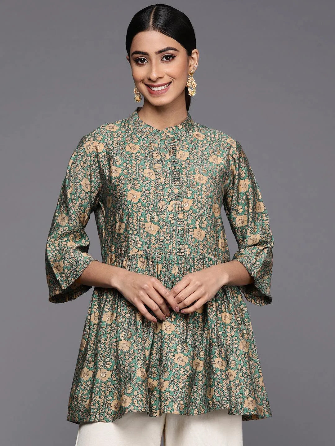 Sea Green Printed Silk Blend A-Line Kurti - Jashvi