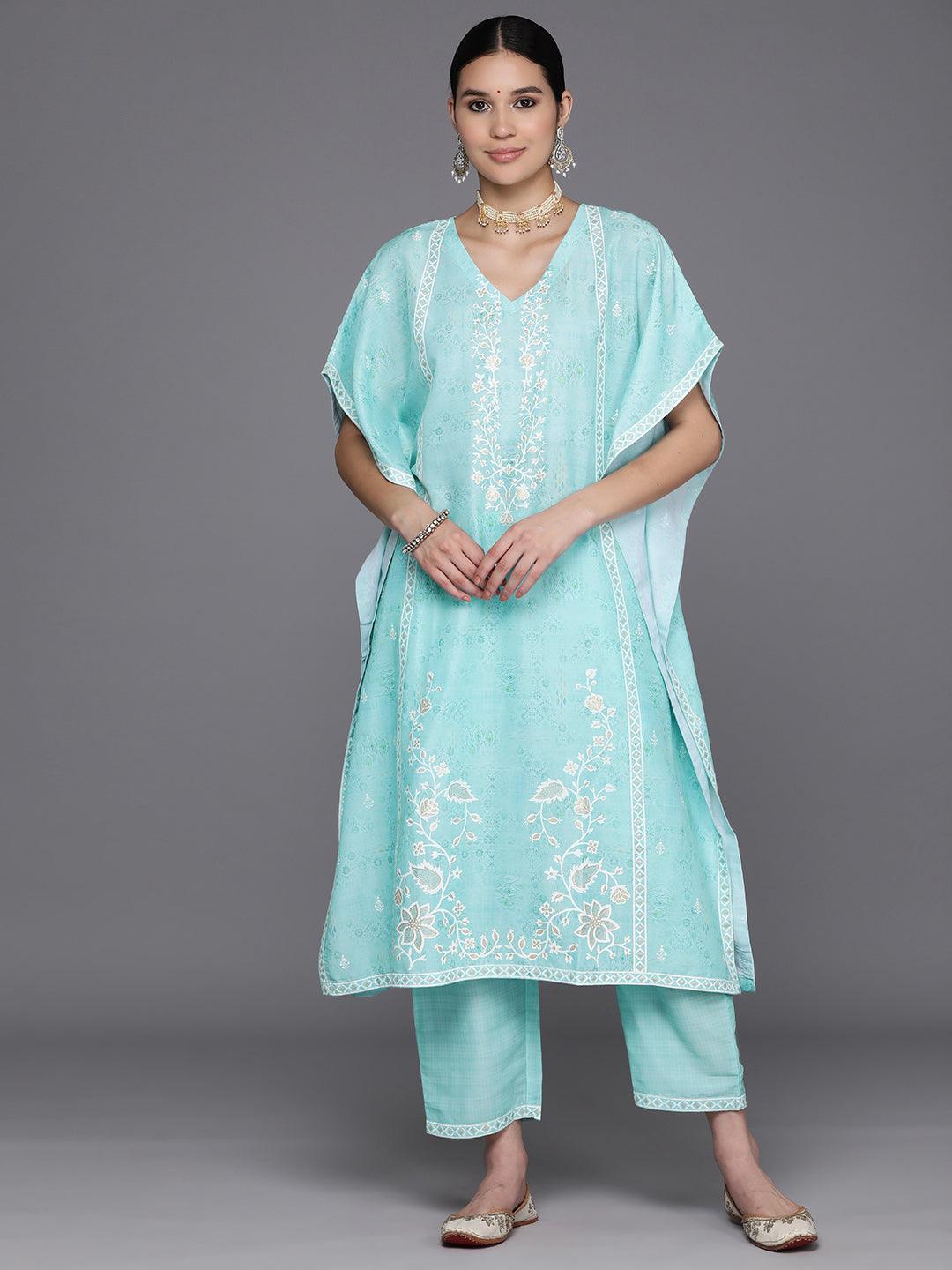 Sea Green Printed Silk Blend Kaftan Kurta Set With Trousers - Jashvi