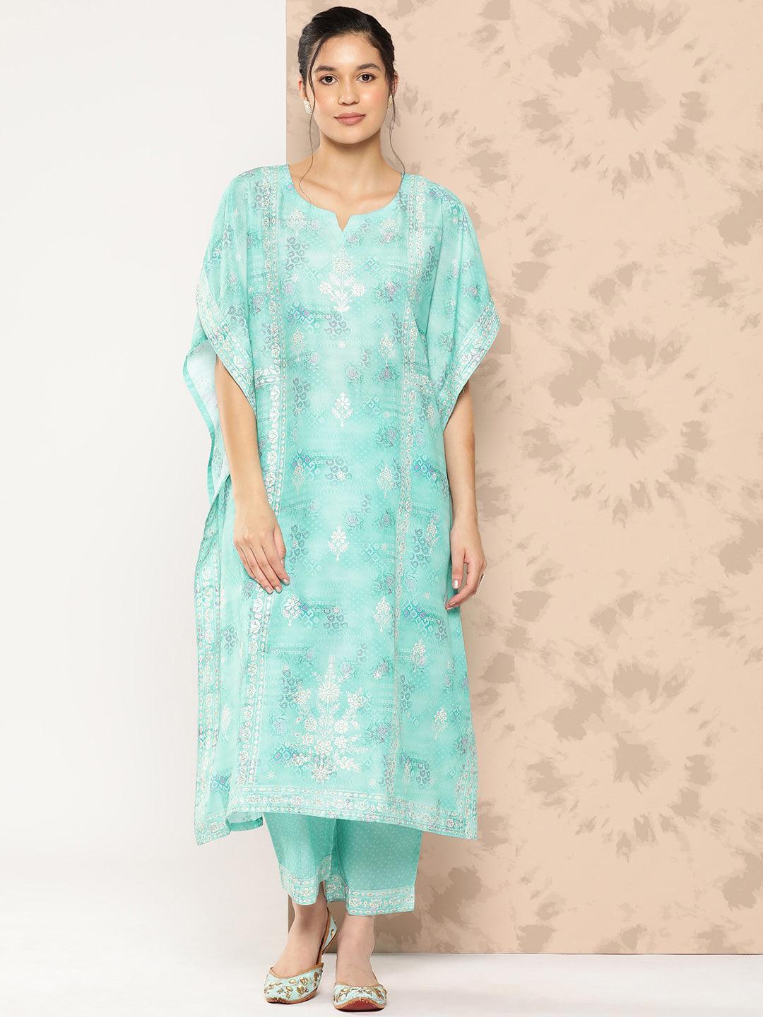 Sea Green Printed Silk Blend Kaftan Kurta With Trousers - Jashvi