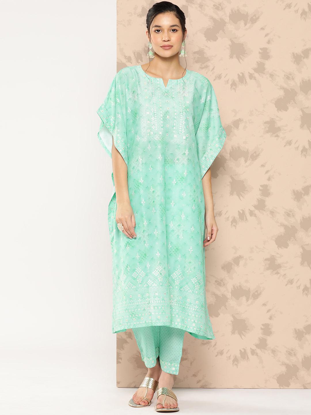 Sea Green Printed Silk Blend Kaftan Kurta With Trousers - Jashvi