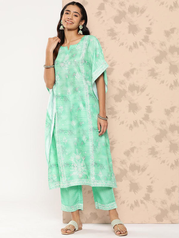 Sea Green Printed Silk Blend Kaftan Kurta With Trousers - Jashvi