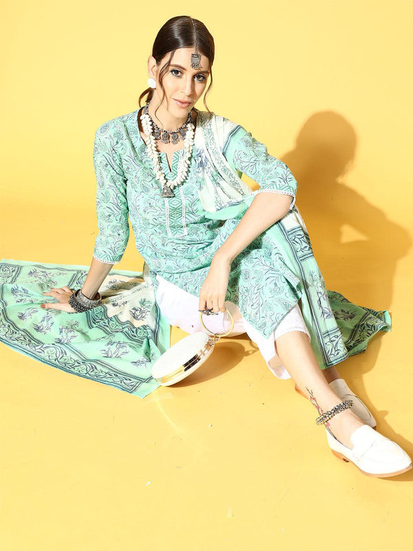 Women's Sea Green Printed Straight Kurta With Palazzo Set - Odette