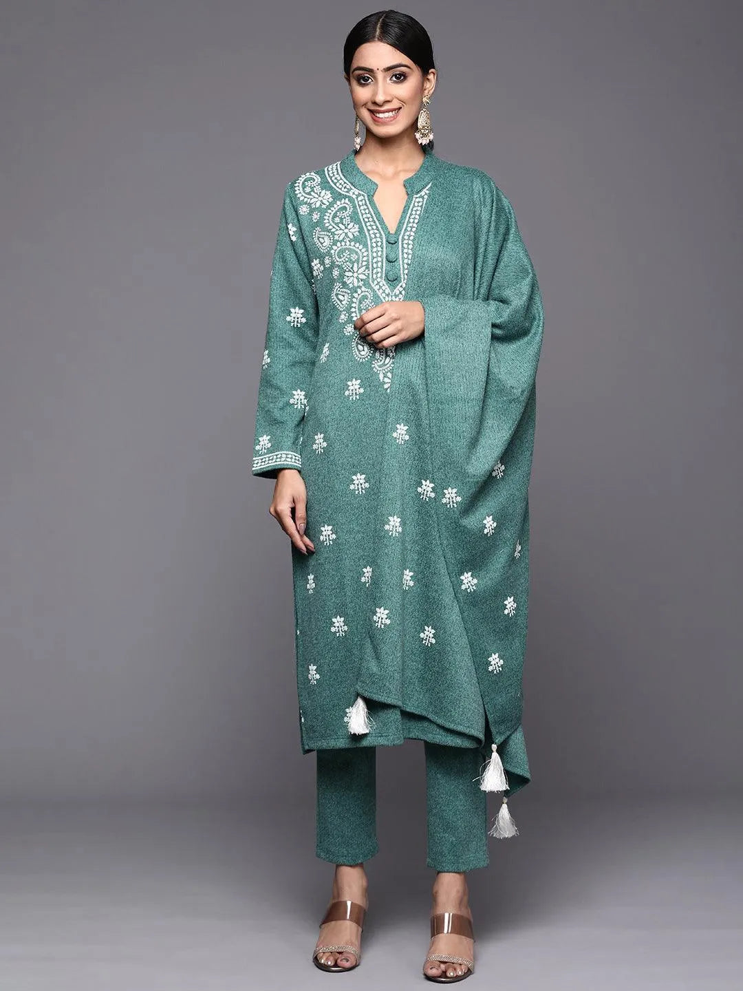 Sea Green Printed Wool Straight Suit Set - Jashvi