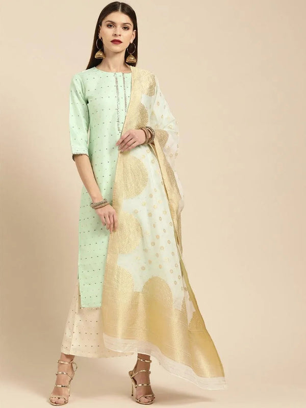 Sea Green Self Design Chanderi Suit Set - Jashvi