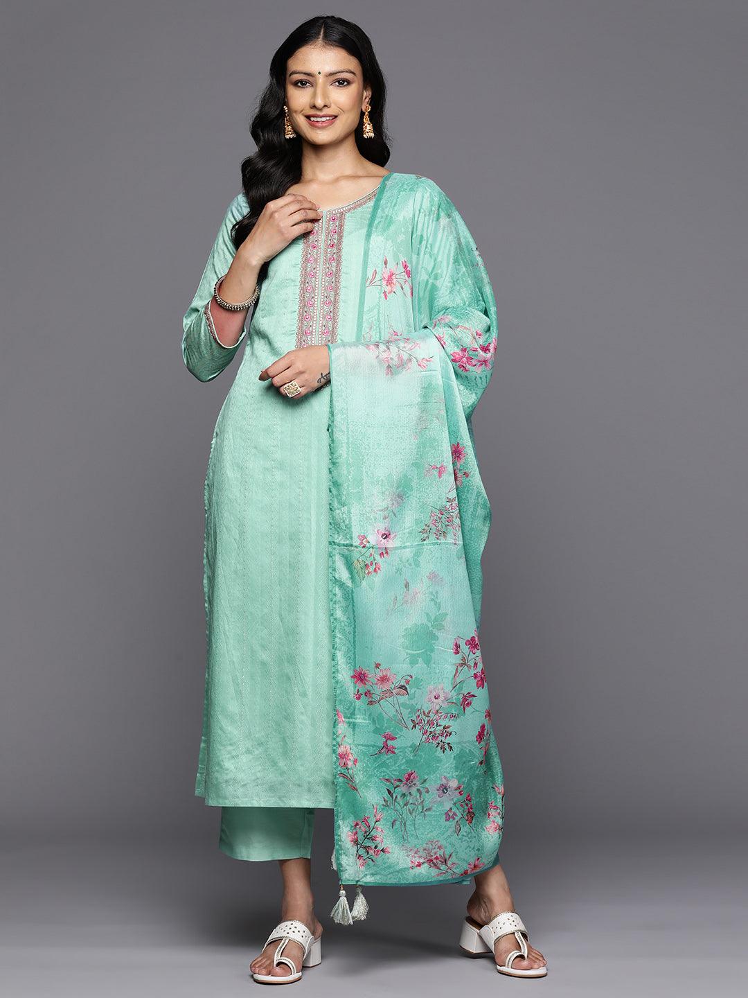 Sea Green Self Design Rayon Straight Kurta With Trousers & Dupatta - Jashvi